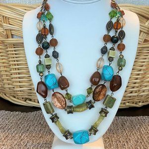 Three Strand Multi-stone and Antique Gold Necklace